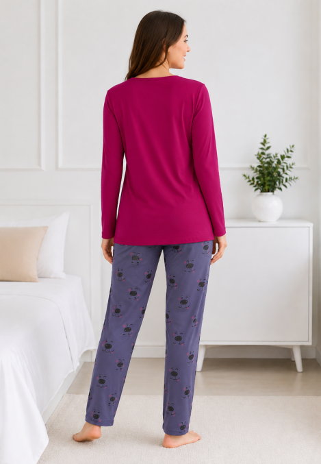 Pijama de damă cu bluză cu maneca lunga și pantaloni -Fucsia,Engros